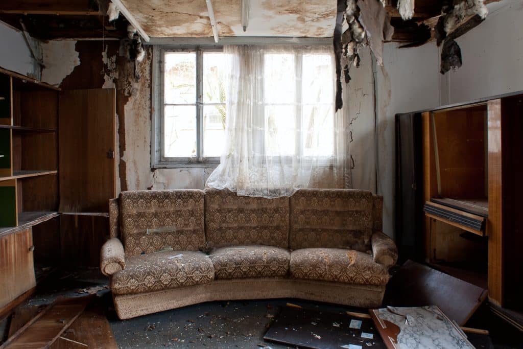 burnt-out room with sofa